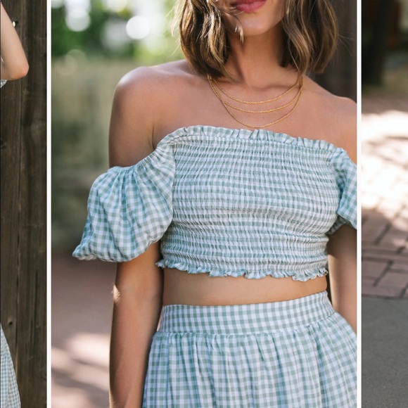 NWOT Mable Sage Gingham Smocked Puff Sleeve Crop Top, size Medium ❤️ - Picture 14 of 14
